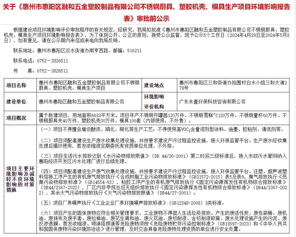 惠州市惠阳区融和五金塑胶制品有限公司不锈钢厨具生产项目环评获批